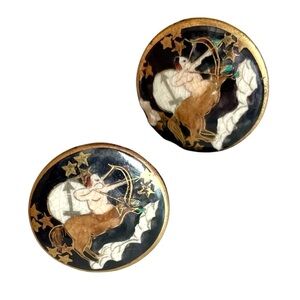 Vintage Japanese Satsuma Button Screwback Earrings Sagittarius Design